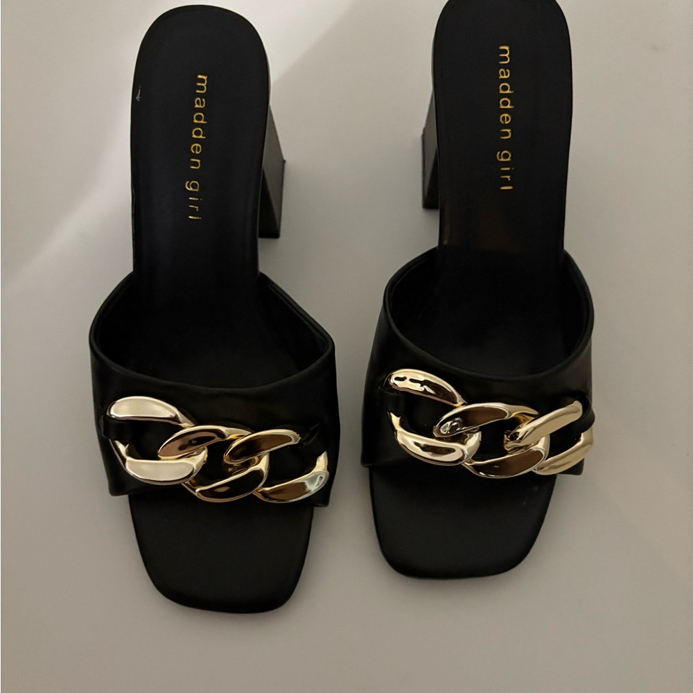 Madden Girl Black Heels with Gold Chain Detail